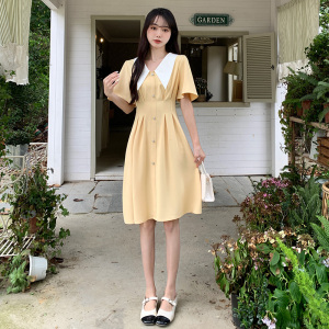 RM19575#大码女装2023年新款夏装法式温柔风大翻领收腰显瘦短袖连衣裙
