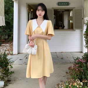 RM19575#大码女装2023年新款夏装法式温柔风大翻领收腰显瘦短袖连衣裙