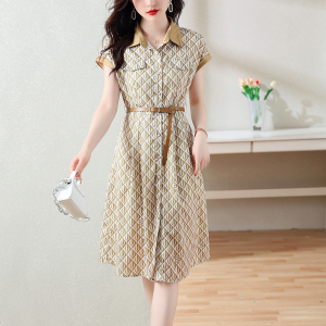 RM11087#印花雪纺通勤风连衣裙女2023年夏季新款优雅知性衬衫裙子