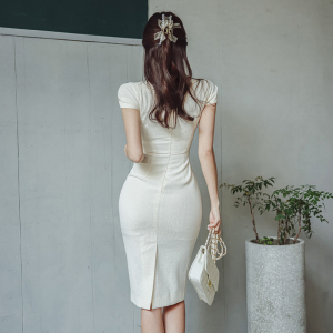 RM9693#夏季新款名媛风翻边方领短袖收腰修身气质连衣裙
