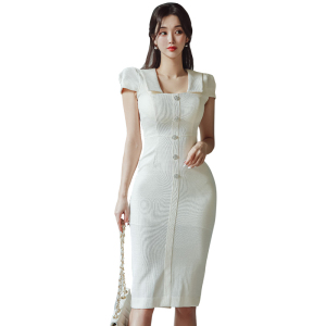 RM9693#夏季新款名媛风翻边方领短袖收腰修身气质连衣裙