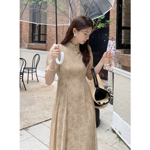 RM10760#夏季新款中国风立领盘扣设计系带收腰质感印花连衣裙