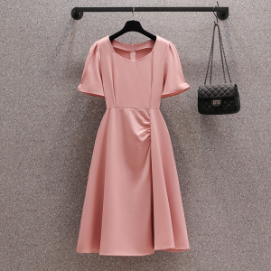 RM12148#大码女装2023夏季新款胖妹妹纯色简约气质温柔收褶显瘦连衣裙