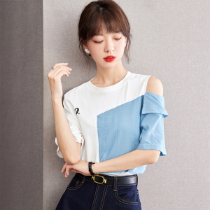 RM21015#夏季新款设计感蓝色拼接短袖T恤宽松假两件上衣