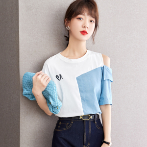 RM21015#夏季新款设计感蓝色拼接短袖T恤宽松假两件上衣