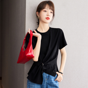 RM21014#黑色复古设计感圆领开叉T恤23夏季新款宽松显瘦上衣