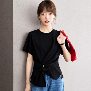 RM21014#黑色复古设计感圆领开叉T恤23夏季新款宽松显瘦上衣