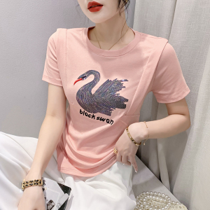 RM16070#新夏季收腰设计感小众上衣重工天鹅刺绣圆领潮流t恤