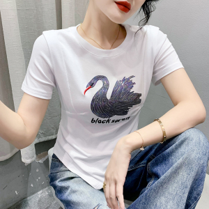 RM16070#新夏季收腰设计感小众上衣重工天鹅刺绣圆领潮流t恤