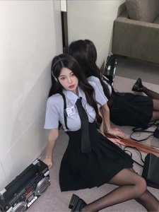 RM11122#甜辣学院风jk制服套装蓝色辣妹短袖衬衫女装夏季百褶吊带裙两件套