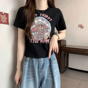 RM9848#夏季新款显瘦网红抖音韩版洋气纯棉蘑菇印花短袖T恤女半袖