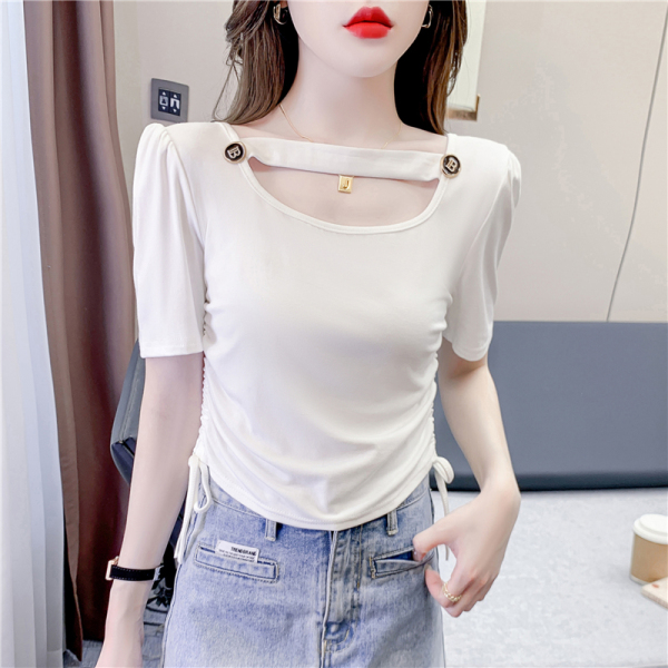 RM12587#夏季新款时尚小心机镂空短袖T恤女修身纯色设计感上衣