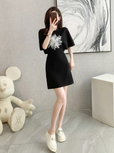 RM9621#高级感黑色t恤连衣裙女夏显瘦气质减龄小个子休闲运动露腰小黑裙
