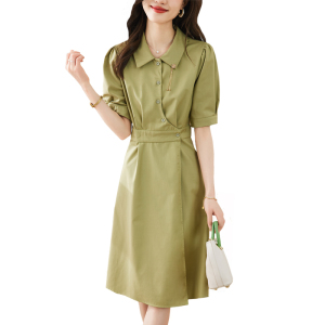 TR34902# 夏季新款气质优雅百搭翻领灰绿连衣裙泡泡袖短袖裙子