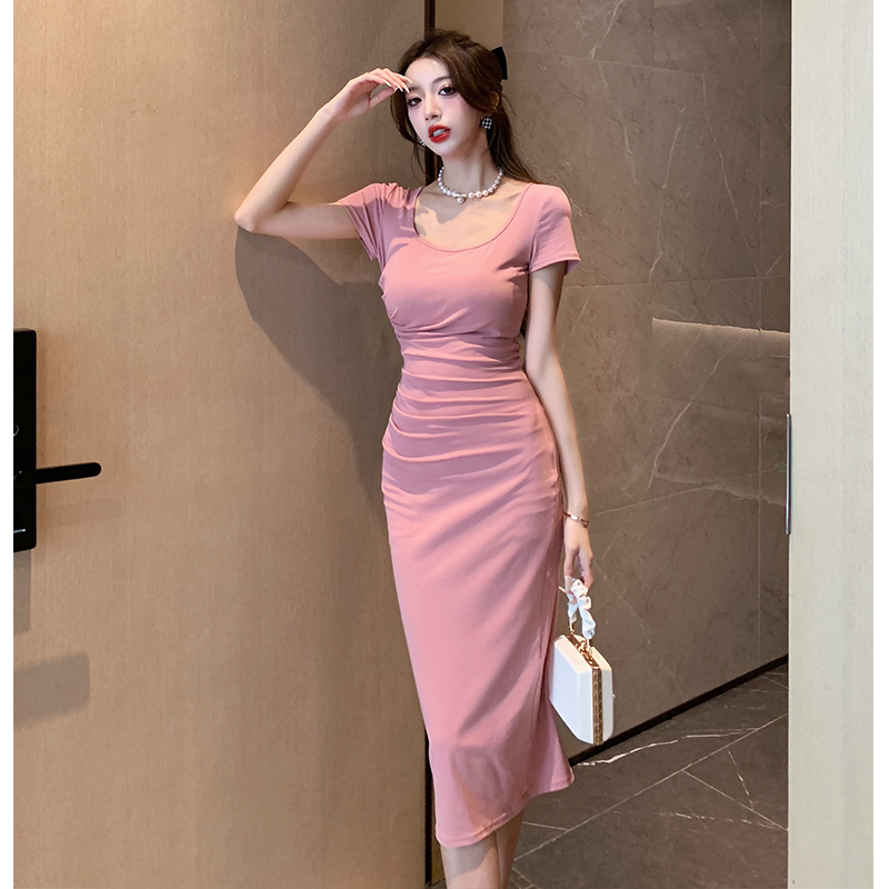 實拍復古修身顯身材收腰包臀連衣裙女性感辣妹中長款顯瘦長裙