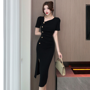 2023 Summer New New Chinese Classic Black Asymmetric Oblique Collar Pinched Pleated Split Show Thin Style Knitted Dress