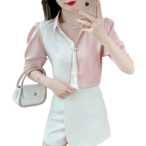 RM20247#短袖雪纺衬衫女2023年新款夏季宽洋气POLO领上衣气质漂亮小衫衬衣