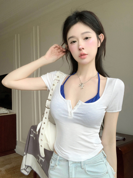 RM9729#夏季新款显瘦辣妹撞色真2件套短袖T恤上衣女