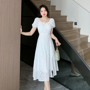 RM10692#夏季法式白色印花收腰方领泡泡袖连衣裙气质简约开叉长裙
