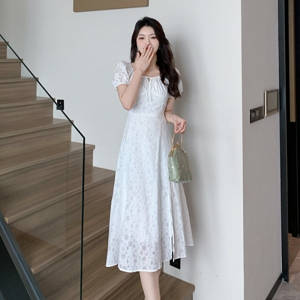 RM10692#夏季法式白色印花收腰方领泡泡袖连衣裙气质简约开叉长裙