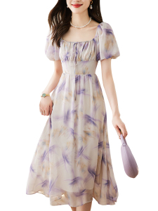 RM10873#紫色方领连衣裙2023夏季新款泡泡袖雪纺印花中长裙