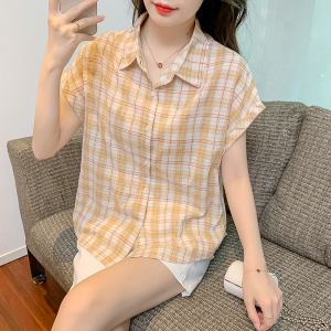 RM18818#夏季新款韩版小清新纯棉格子衬衫女休闲宽松显瘦短袖衬衣