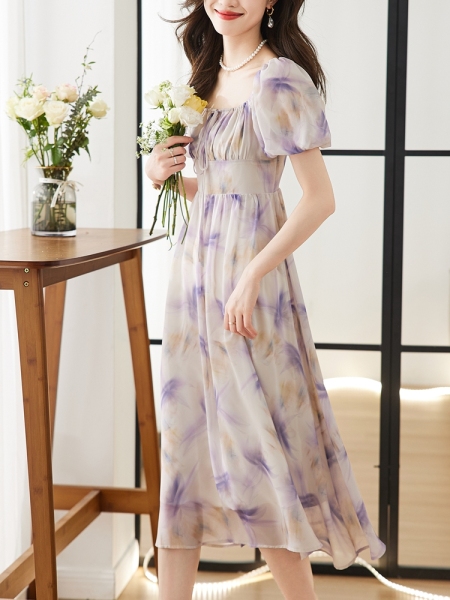 RM10873#紫色方领连衣裙2023夏季新款泡泡袖雪纺印花中长裙