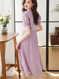 RM10030#香芋紫连衣裙2023夏季新款荷叶边绑带高腰中长款温柔裙子女