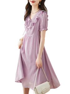 RM10030#香芋紫连衣裙2023夏季新款荷叶边绑带高腰中长款温柔裙子女