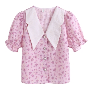 RM11038#娃娃领泡泡袖碎花雪纺衬衫女士春夏季2023新款上衣设计感小众法式