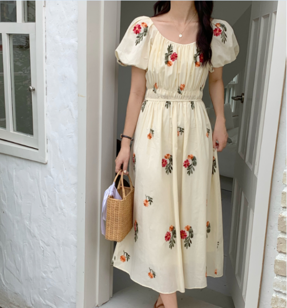 RM10125#法式泡泡袖桔梗修身连衣裙