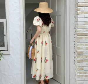 RM10125#法式泡泡袖桔梗修身连衣裙