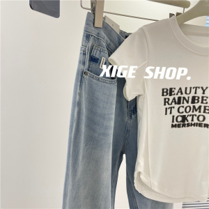 RM10214#32支爽滑棉拉架2023夏季修身设计感弧形短款印花短袖T恤女