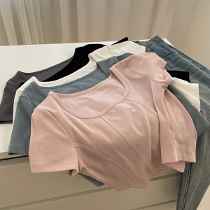 RM10216#春夏方领鱼骨设计感拼条修身短款露脐短袖T恤女
