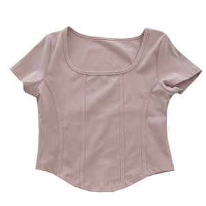 RM10216#春夏方领鱼骨设计感拼条修身短款露脐短袖T恤女