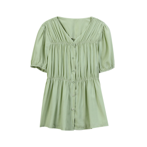 RM18510#褶皱收腰衬衫女夏季薄款短袖V领小衫设计感显瘦遮肚气质减龄上衣