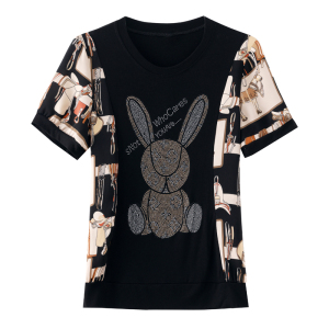 RM10057#夏季新款上衣时尚洋气烫钻宽松拼接真丝印花短袖打底衫女