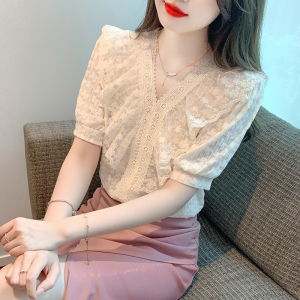 TR26752# 夏季新款韩版百搭V领拼接蕾丝短袖衬衫女蕾丝衫 服装批发女装批发货源