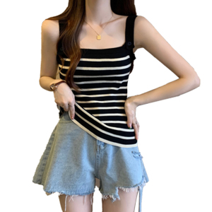 RM11334#大码女装2023夏季新款设计感条纹针织吊带背心显瘦无袖上衣