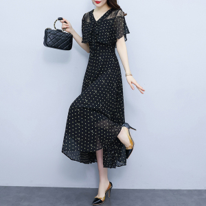 RM15106#夏季新款中袖拼接高腰长裙V领撞色印花大摆雪纺气质连