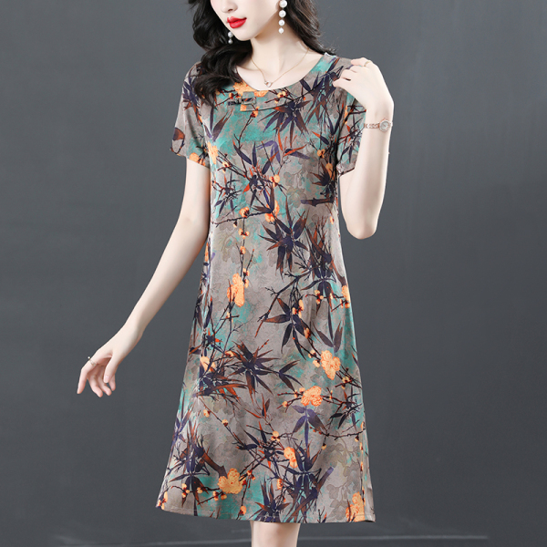 RM10056#夏季新款桑蚕丝高档印花时尚大码显瘦气质洋气长裙