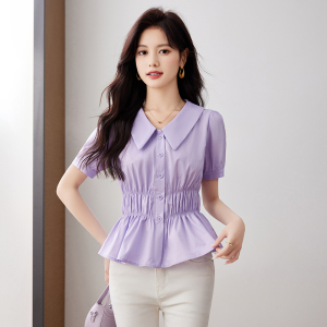 RM15593#夏季小清新短袖衬衫纯色常规单排扣修身收腰上衣