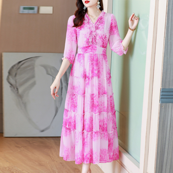 RM25406#新款印花时尚高端中长款瑞丽粉色真丝连衣裙女夏季