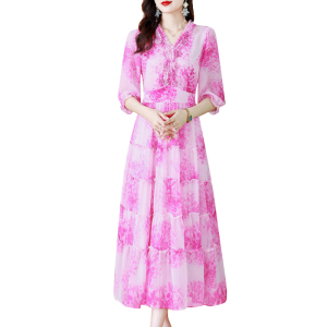 RM25406#新款印花时尚高端中长款瑞丽粉色真丝连衣裙女夏季