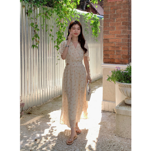 RM11053#夏季新款法式优雅V印花长款裙子短袖雪纺碎花连衣裙女