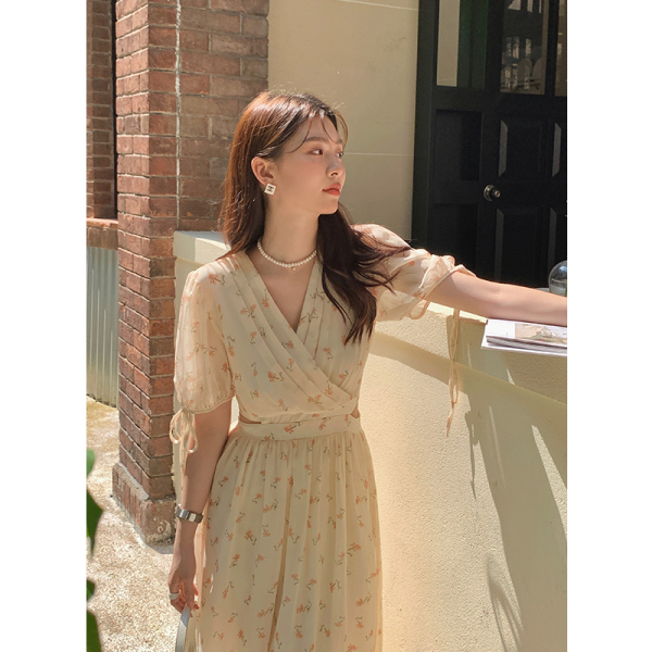 RM11053#夏季新款法式优雅V印花长款裙子短袖雪纺碎花连衣裙女