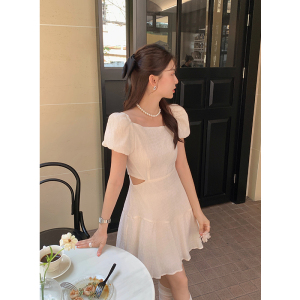 RM10782#夏季新款法式优雅气质纯色不规则领裙子短袖雪纺连衣裙