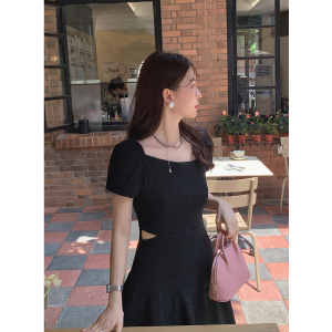 RM10782#夏季新款法式优雅气质纯色不规则领裙子短袖雪纺连衣裙