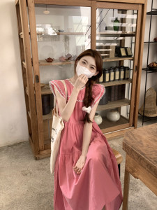 RY1485#夏装小清新粉色花边小飞袖蛋糕长裙气质法式别致连衣裙甜美