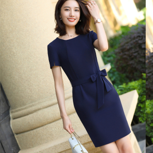 RM11300#蓝色连衣裙女夏季短袖2023新款高级感时尚气质女神范修身职业裙子